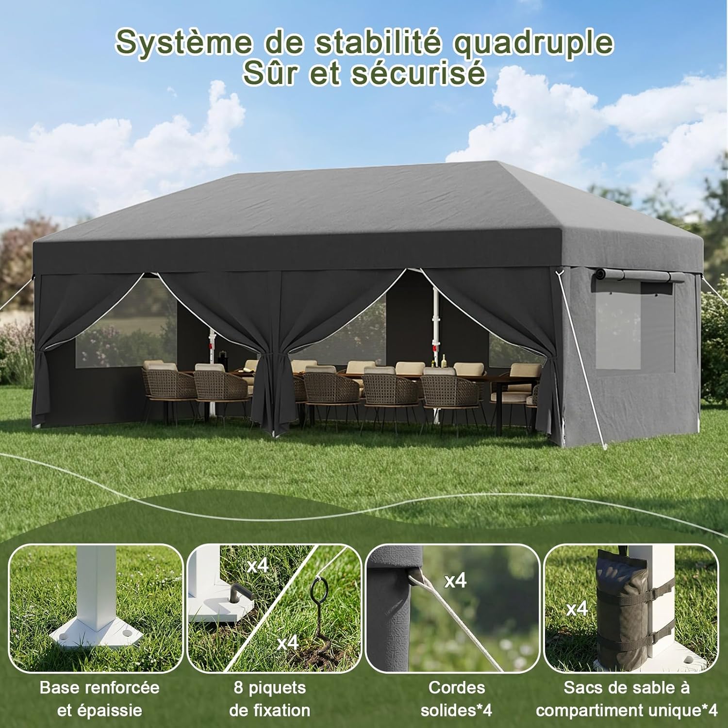 Devoko - tonnelle pliante série gris - 3x6m - imperméable, protection UV 50+, fenêtres moustiquaires