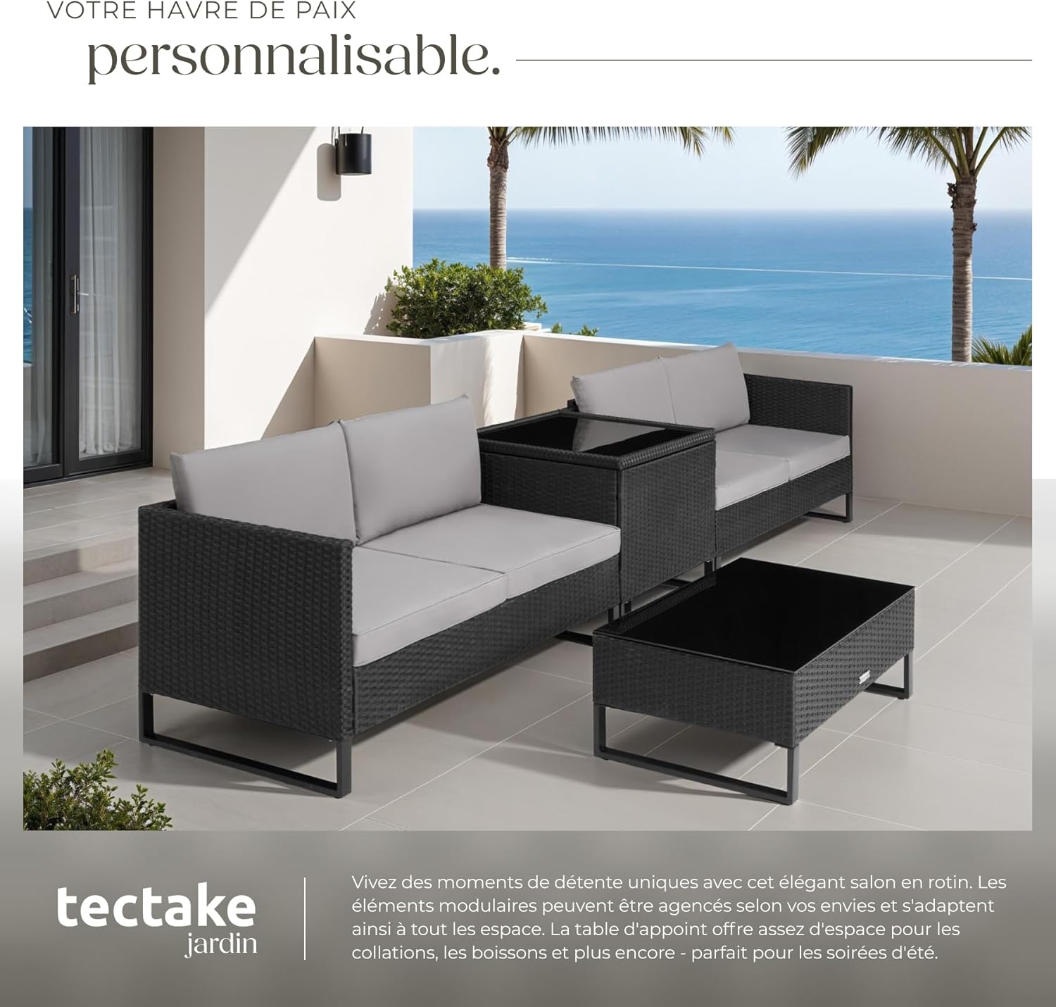 tectake - salon de jardin modulable 4 places - rotin, table verre, coffre