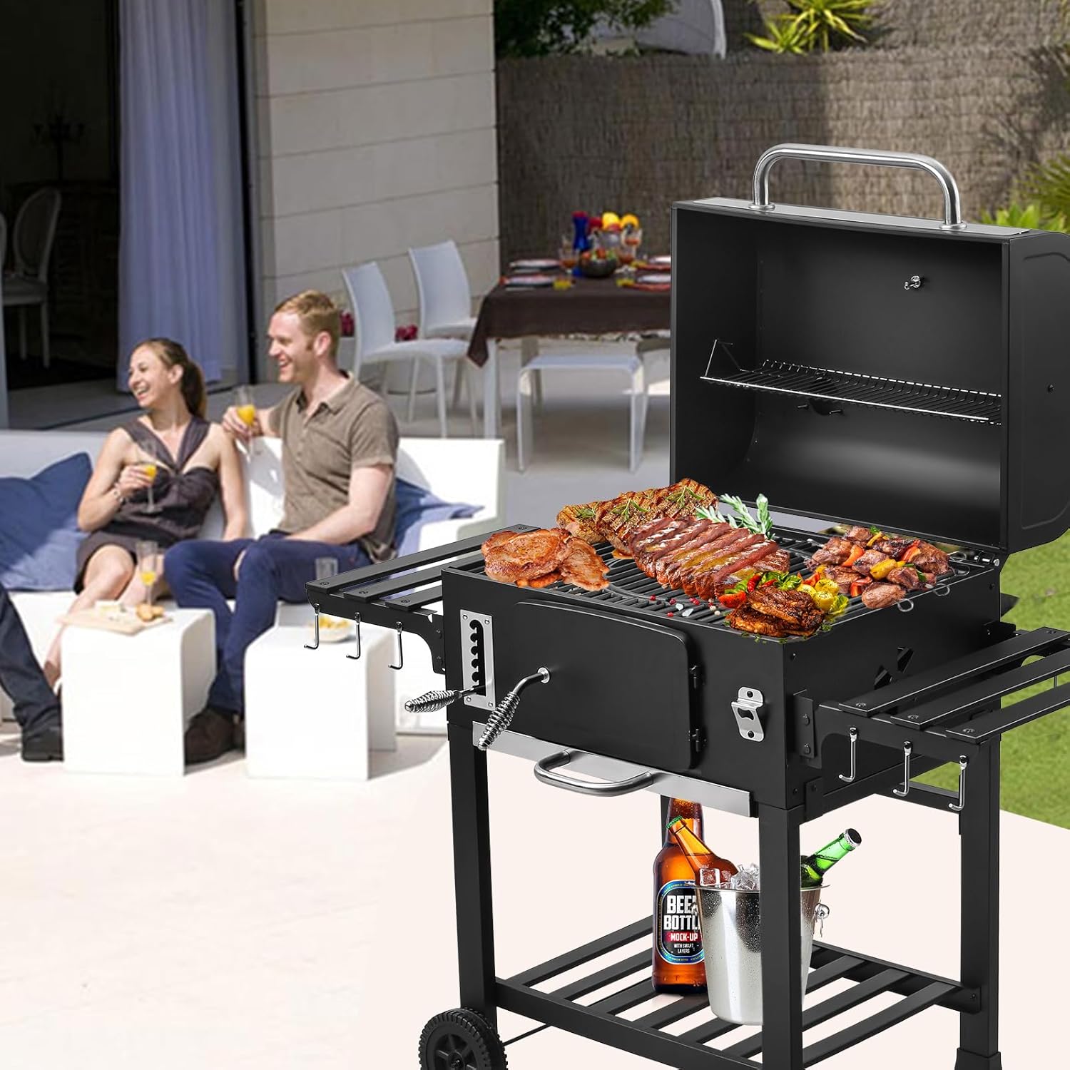 TEENO - Chariot XXL barbecue charbon, couvercle, thermomètre, gants, fumoir