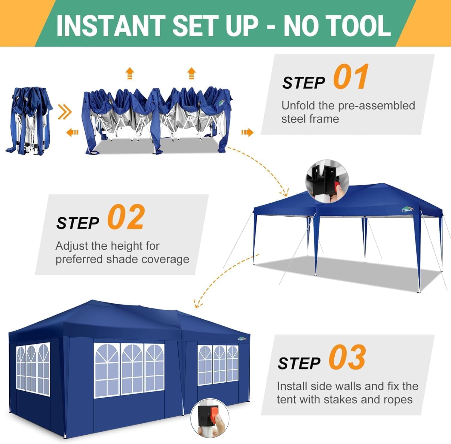 COBIZI - Tonnelle Pliante Série - 3x6m étanche, stable, anti-UV, 6 parois latérales