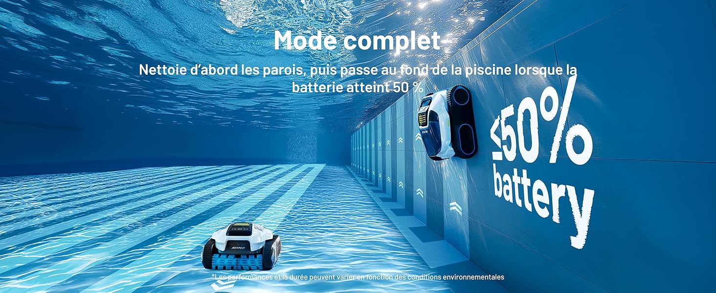 Le texte se lit comme suit : « Course, complète ». Vue intérieure d'une piscine illuminée à l'eau bleue, montrant un robot de nettoyage de piscine sous l'eau.