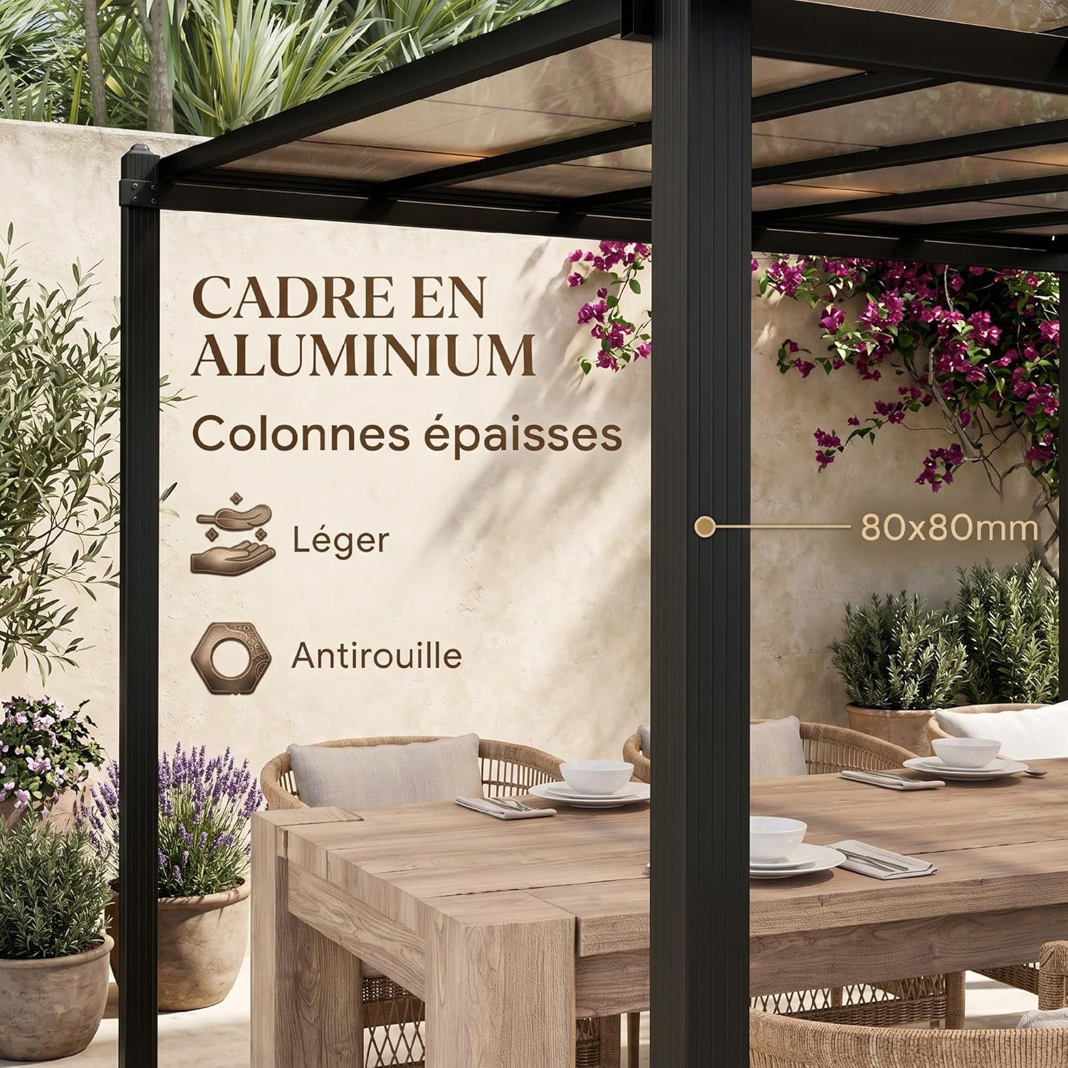 Outsunny - Pergola adossée aluminium - 3x3m - toit polycarbonate, drainage, UPF30+, gris
