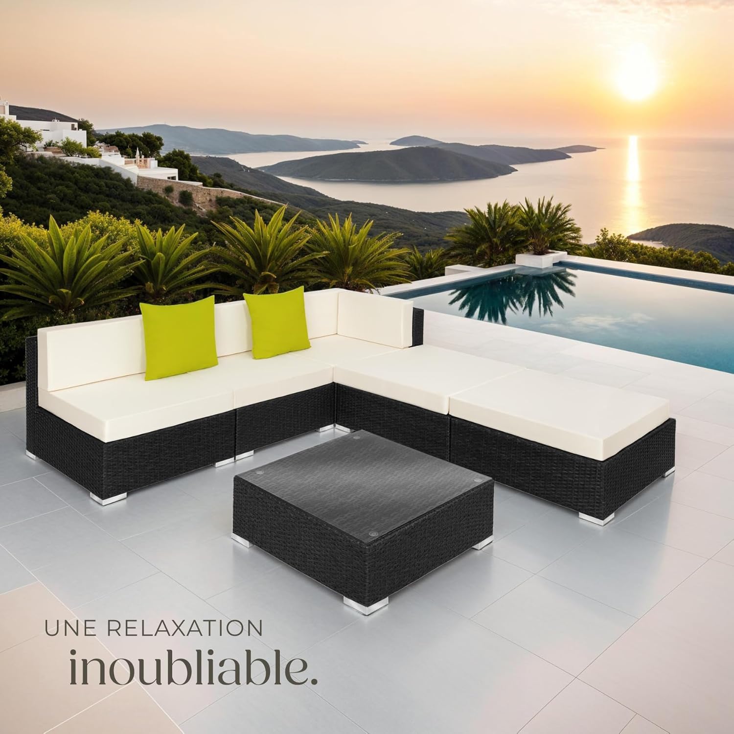 tectake - Salon de jardin XXL modulable - 5 places - poly rotin, table, poufs