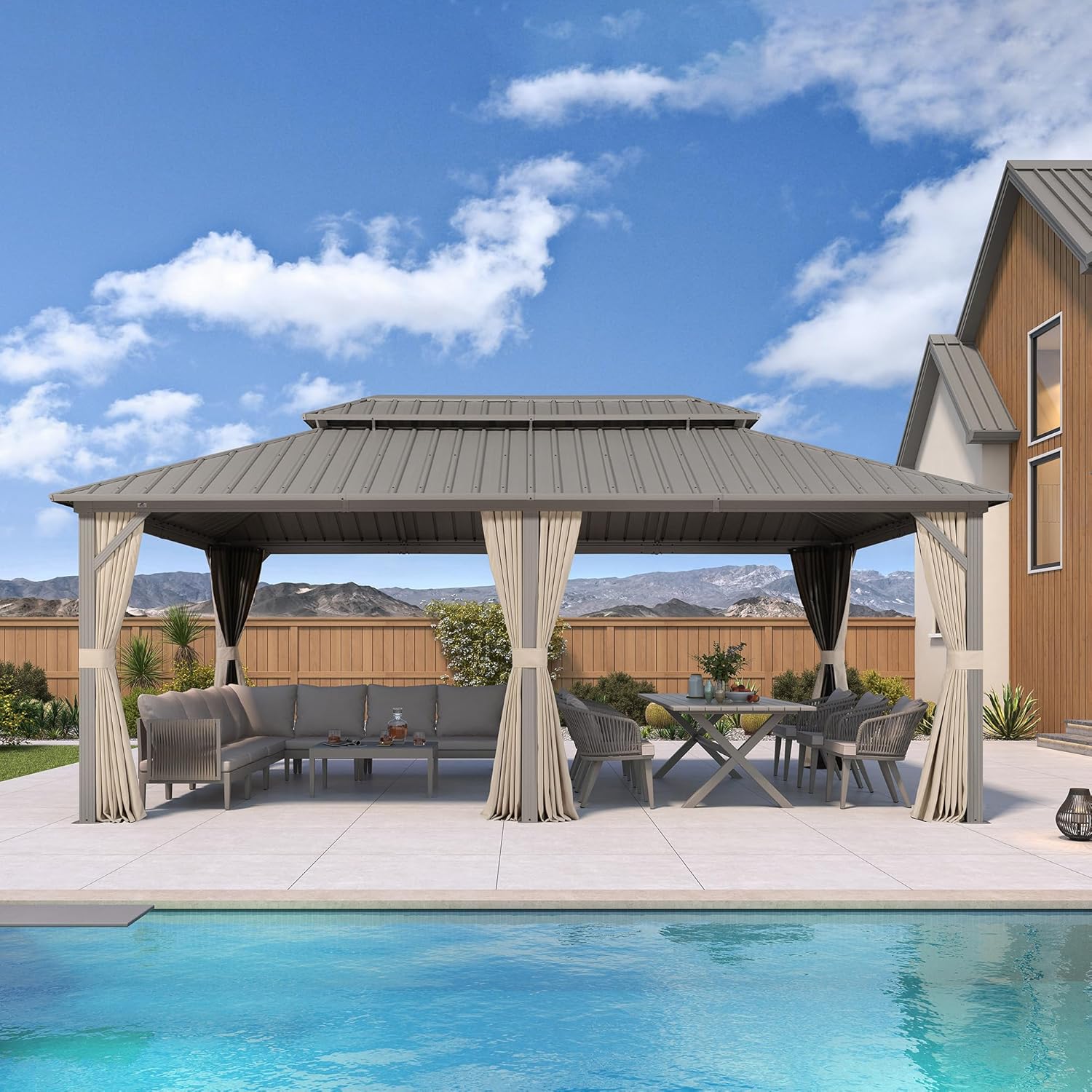 PURPLE LEAF - Pergola série Champagne - 6 x 3,65 m - aluminium, toit acier, moustiquaire et rideaux
