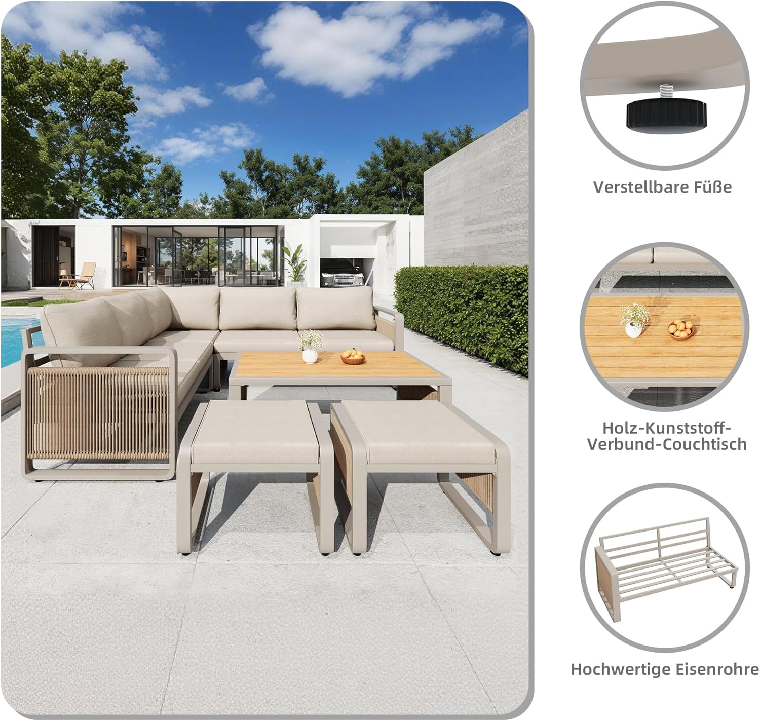 Sapgaks - salon de jardin corde tressée 6/7 pers - coussins moelleux - angle + 2 tabourets + table, pieds réglables - be