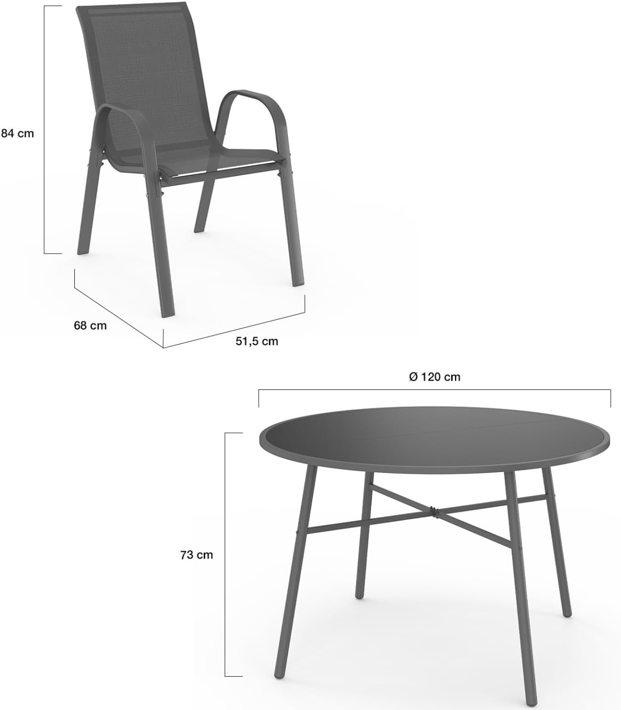 IDMarket - Salon Madrid - table ronde 120cm, 6 chaises empilables, gris anthracite