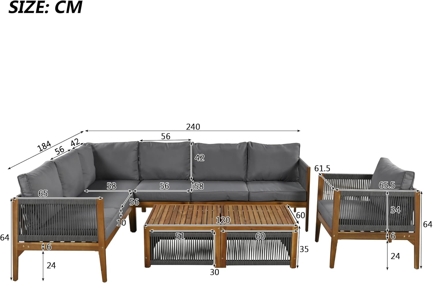 Sapgaks - salon de jardin C-Gris+Naturel - 7/8 personnes - angle, coussins lavables