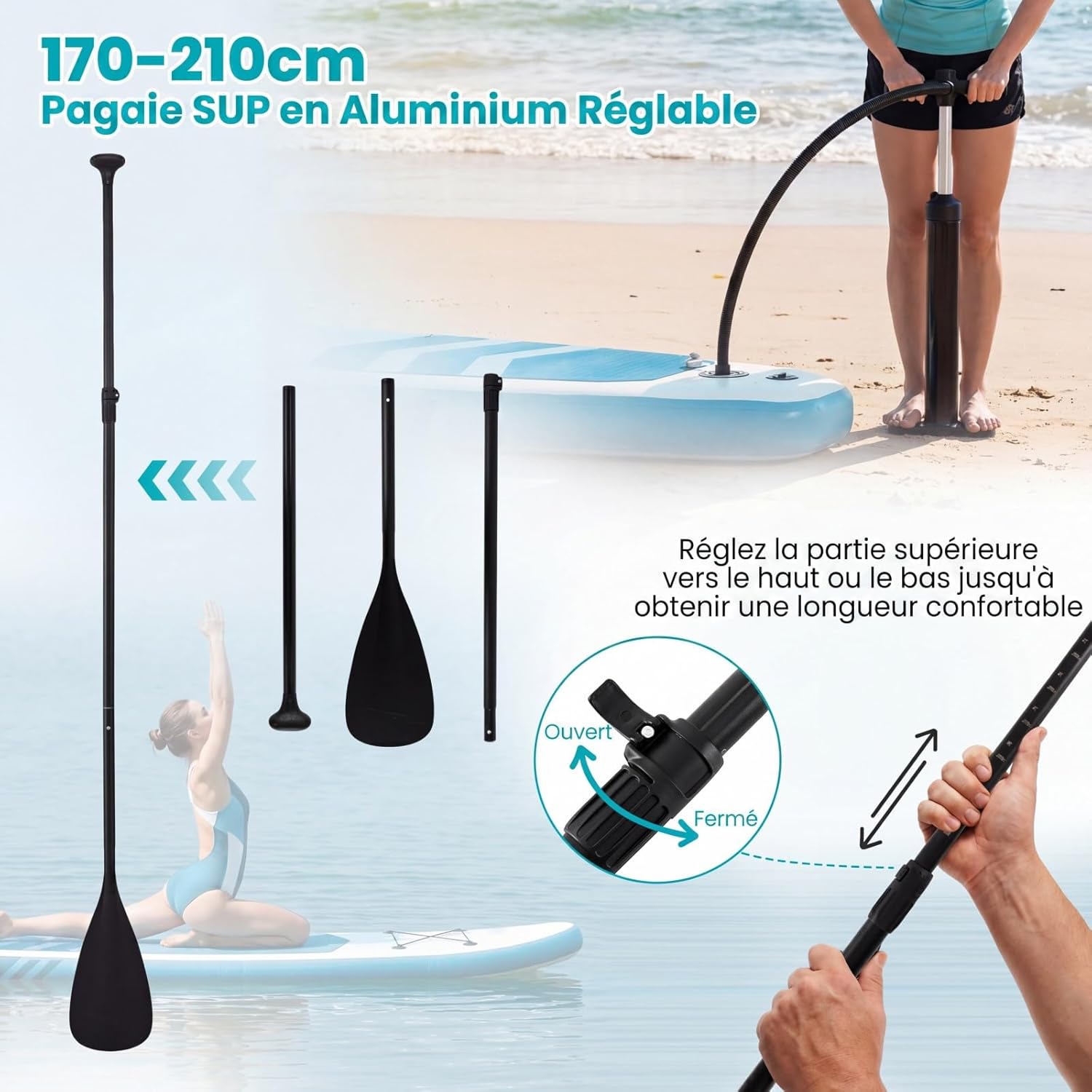 HOMASIS 336 x 77 x 16 cm Planche à Pagaie Gonflable, Planche de Surf avec Pagaie Réglable, Pompe à Main, 3 Ailerons, Anneaux en D & Laisse, Paddle Stand Up Léger pour Surf, Lacs, Mers