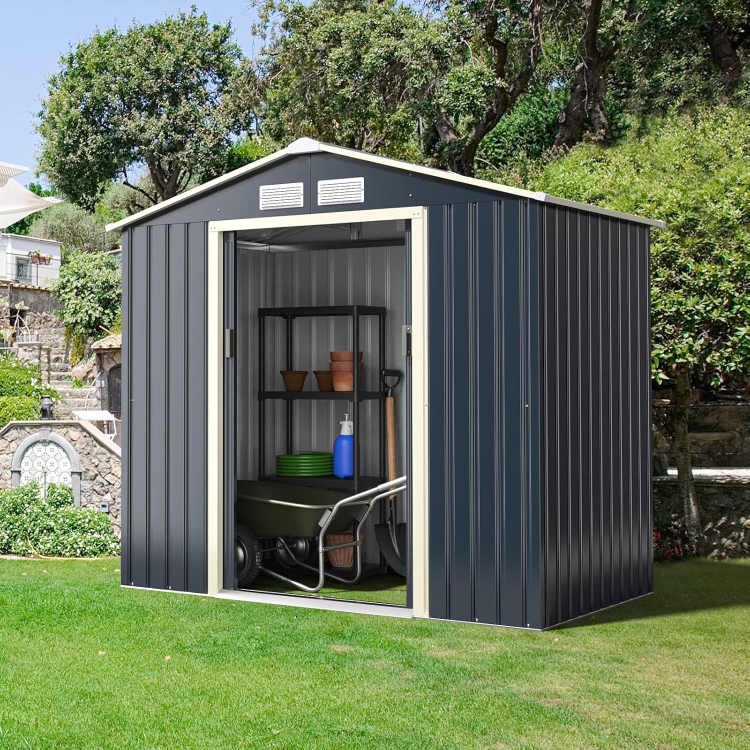 COSTWAY - Abri de Jardin Métal - 213,5x127x194,5cm - 2 portes coulissantes, toit incliné, 4 aérations