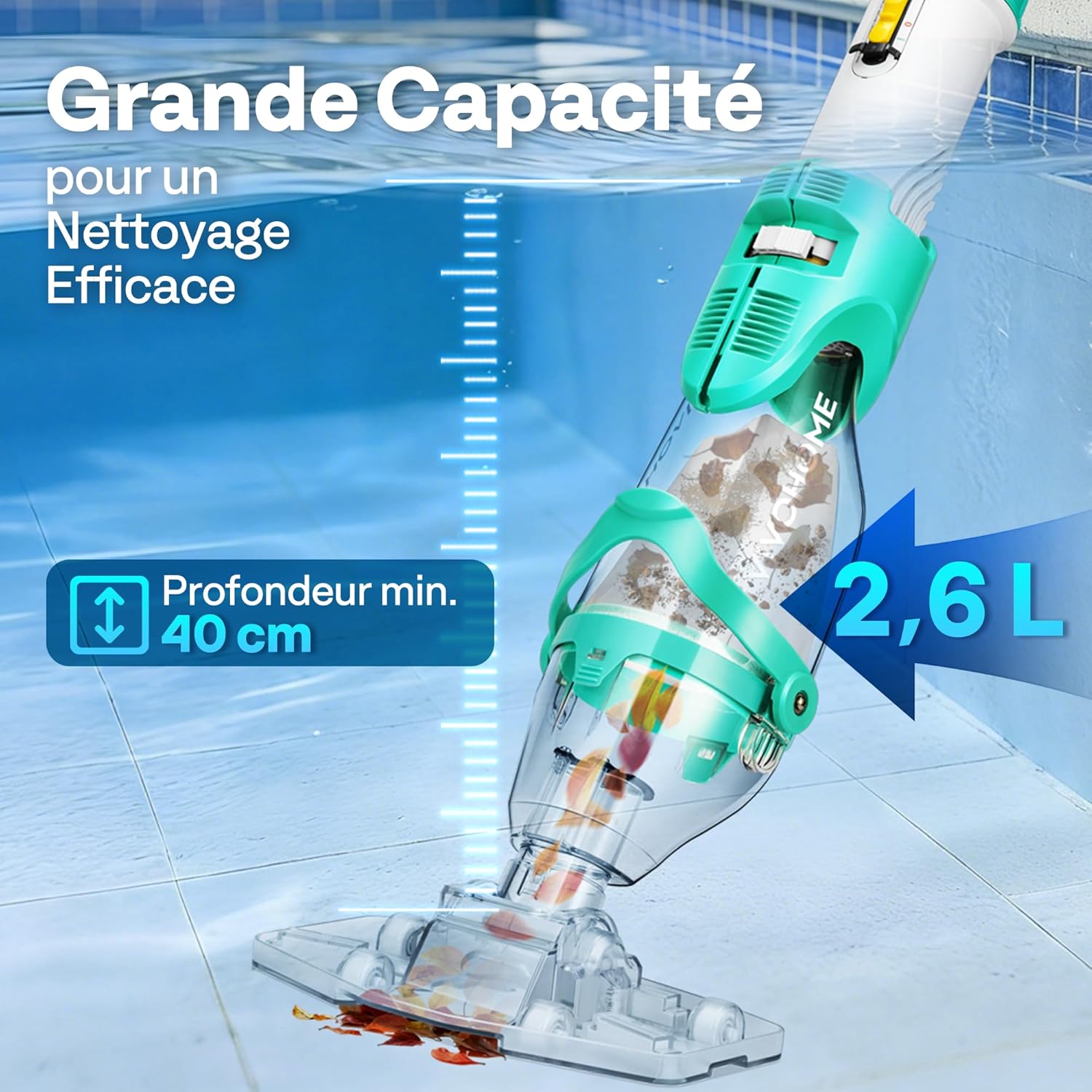 VIVOHOME - aspirateur de piscine sans fil 72LPM - batterie, 4 sacs filtrants, perche télescopique