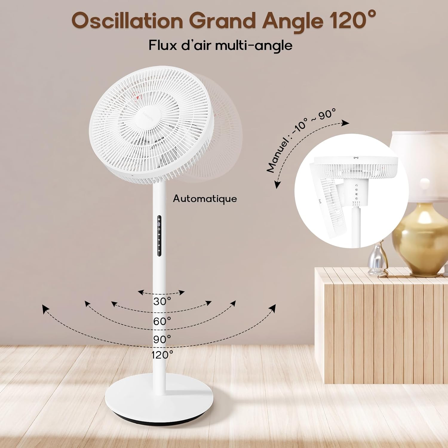 LeaderPro - ventilateur sur pied 120cm - 8 vitesses, télécommande, moteur DC