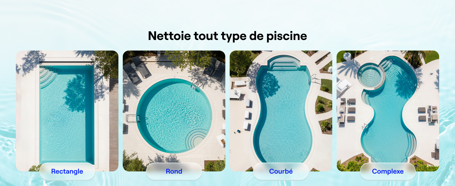 Le texte indique « Nettoie tout type de piscine ». Série de photos de piscines montrant différentes formes et motifs de piscines, mettant en vedette l'eau bleue et les environs de la piscine.