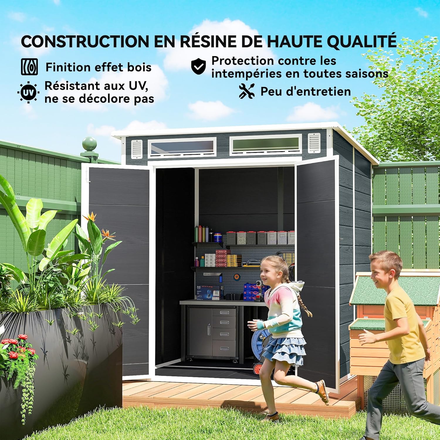 Outsunny - abri de jardin résine 3,3m² double porte, fenêtres, plancher