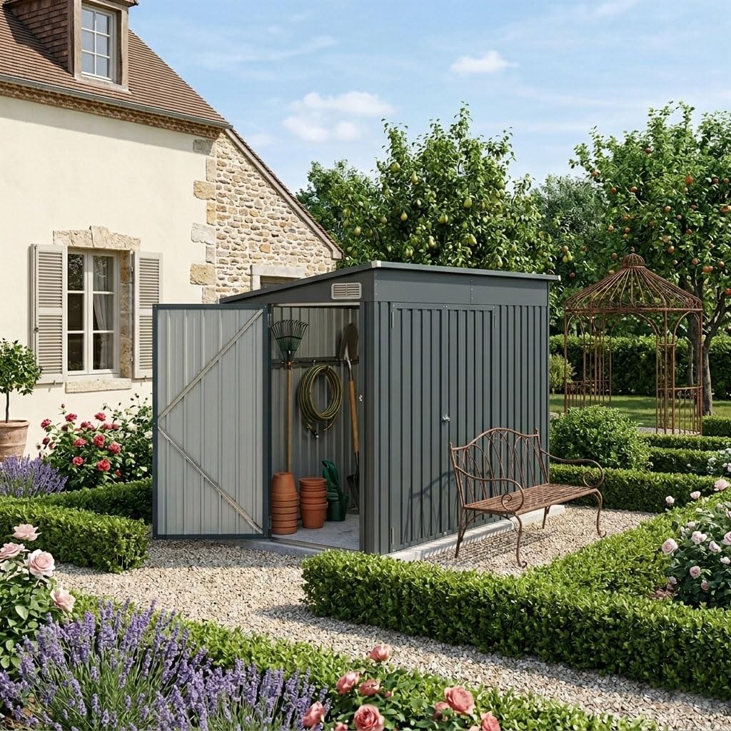 GOPLUS - abri de jardin métal - 238x119x187cm - porte, aérations, toit pente, gris