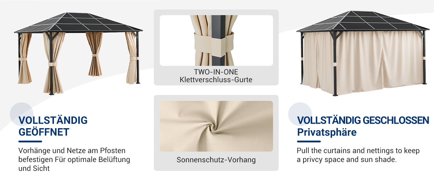 avec toit sombre et rideaux bronzés. Plusieurs images montrent des configurations ouvertes et fermées, la texture du tissu et un guide de connexion deux en un pour une utilisation polyvalente