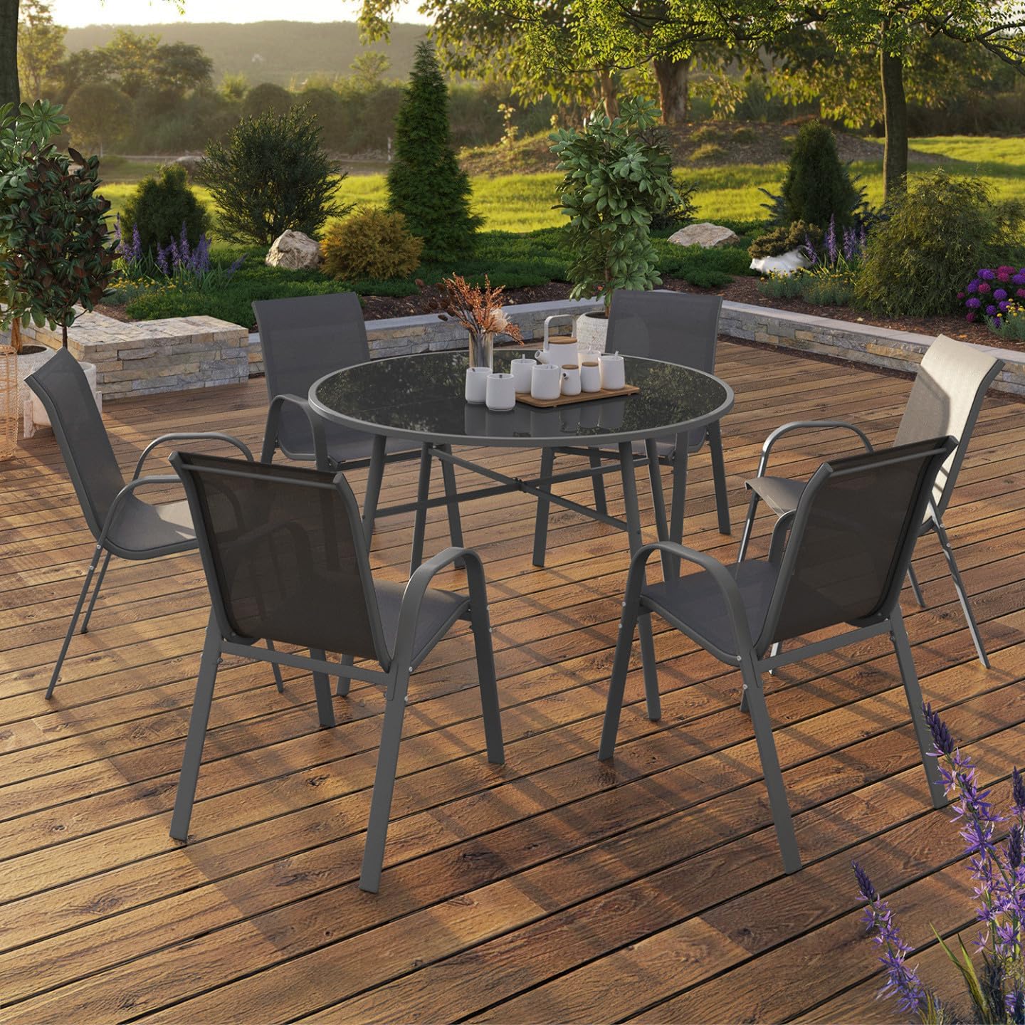 IDMarket - Salon Madrid - table ronde 120cm, 6 chaises empilables, gris anthracite