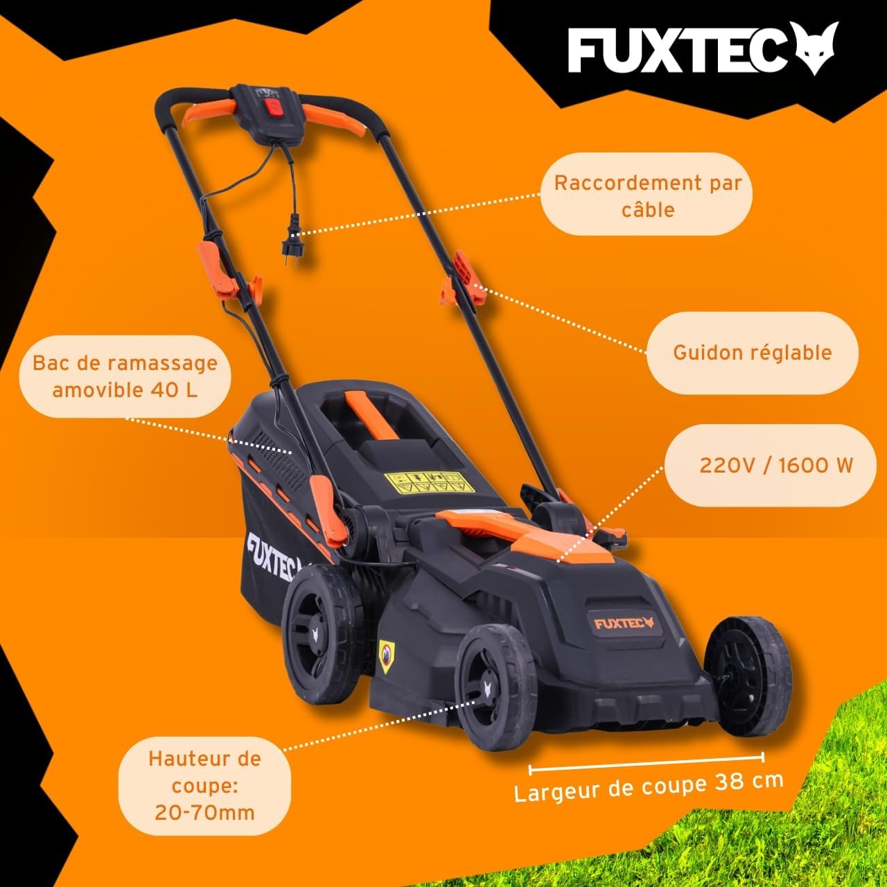 FUXTEC - FX-RME38 - tondeuse électrique filaire - 38cm, 1600W, 40L