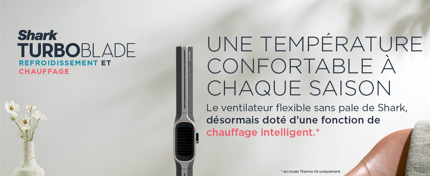 Le texte indique « UNE TEMPÉRATURE CONFORTABLE À CHAQUE POISSON » et « Shark TURBLADE ». Affichage des informations sur le produit en français avec les caractéristiques liées à la température.