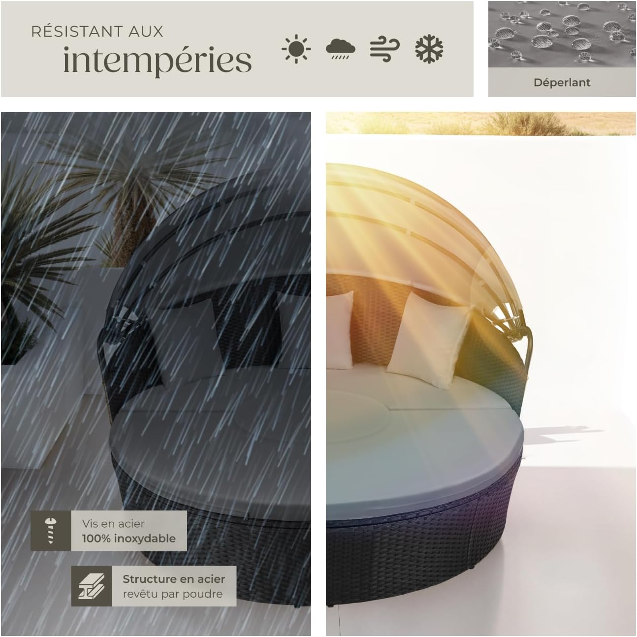 tectake - Bain de soleil modulable résine tressée, coussins, pare-soleil, dimensions relax pour jardin terrasse