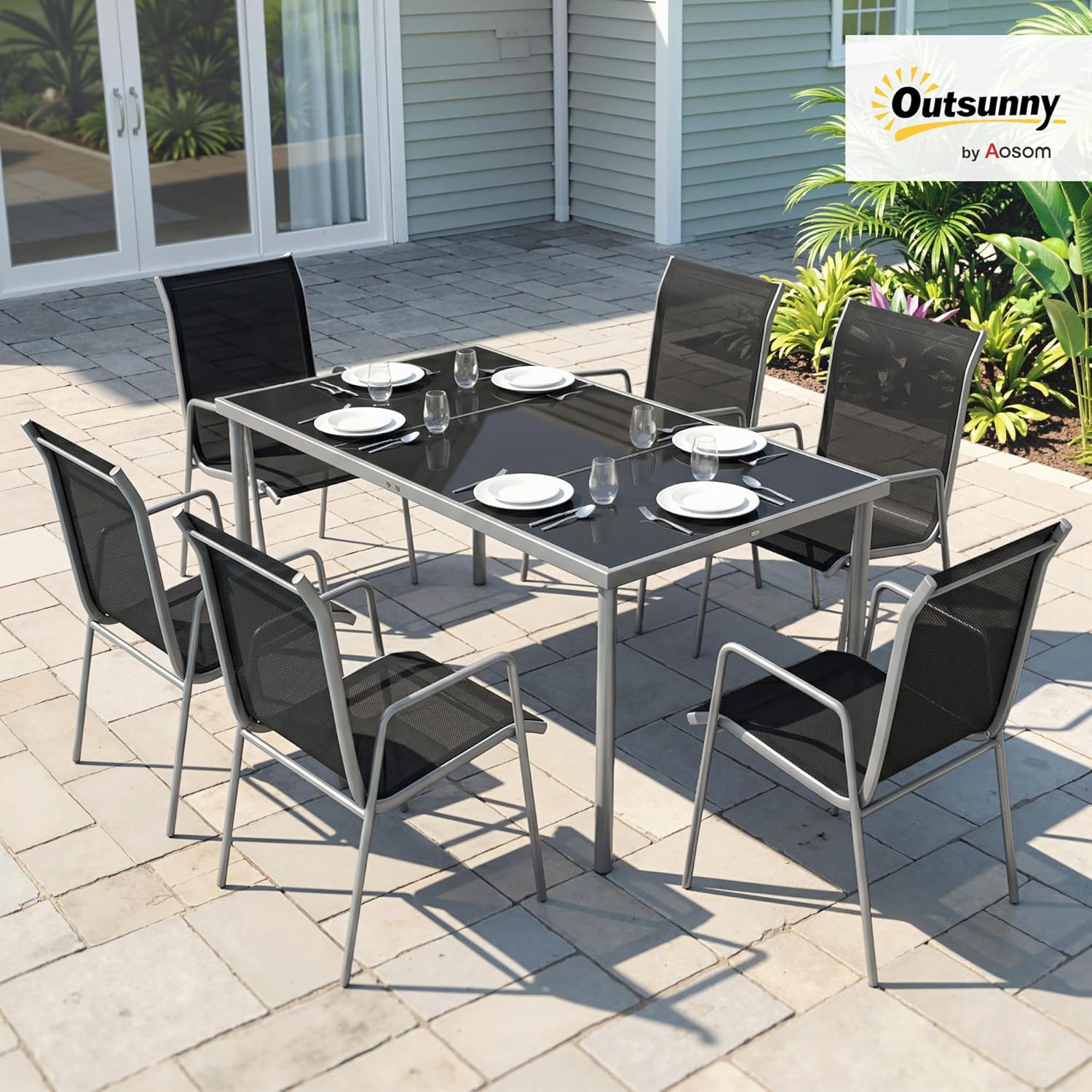 Outsunny - salon jardin 6 personnes - table verre, chaises empilables, textilène, argent