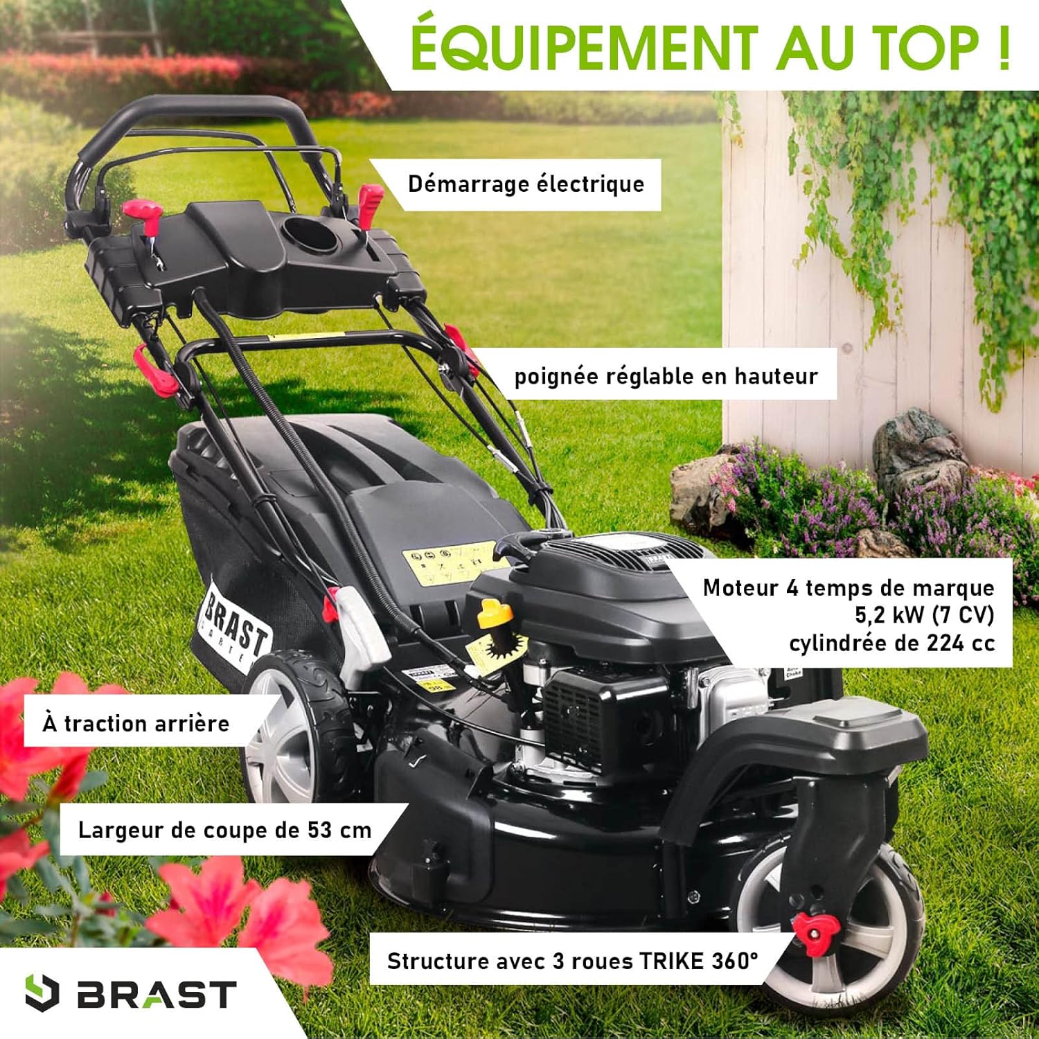 BRAST - tondeuse thermique 3 roues 53cm, 224cc, tractée, démarrage électrique, mulching, 4en1, TRIKE E-START