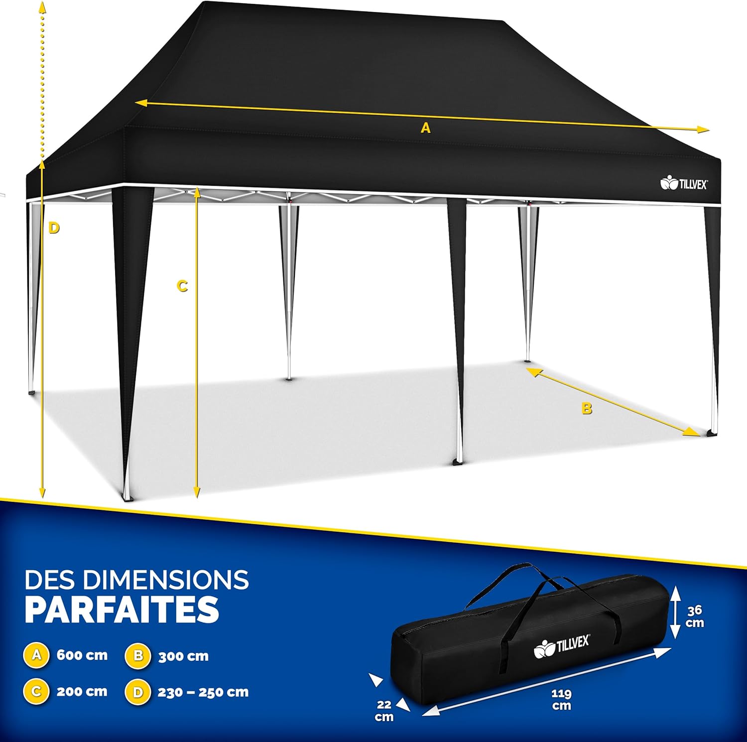Tillvex - tonnelle pliable 3x6m, étanche, UV50+, sac inclus