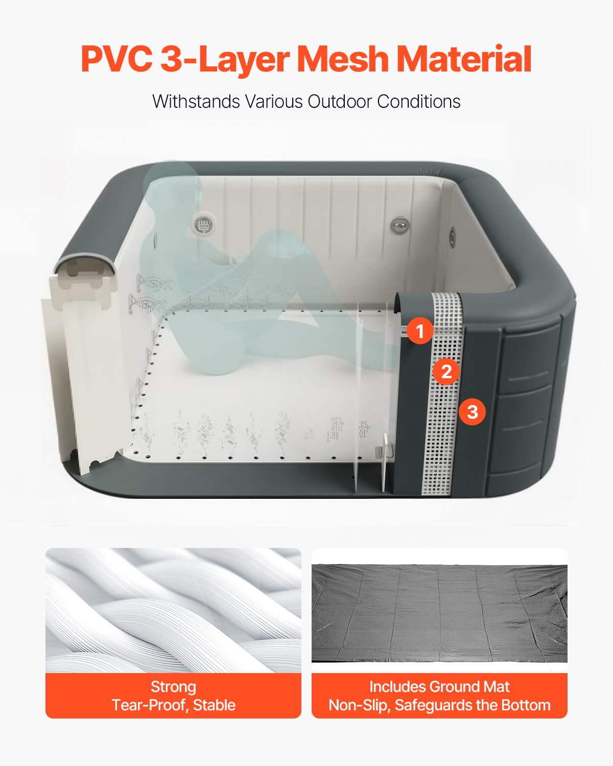VEVOR Spa Gonflable Carré Capacité 4-6 Personnes, Bains à Remous d’Extérieur Portable 185x66 cm, avec 130 Jets Apaisants, Filtre, Couverture et Tapis, en PVC, Panneau de Commande Multifonction, Gris