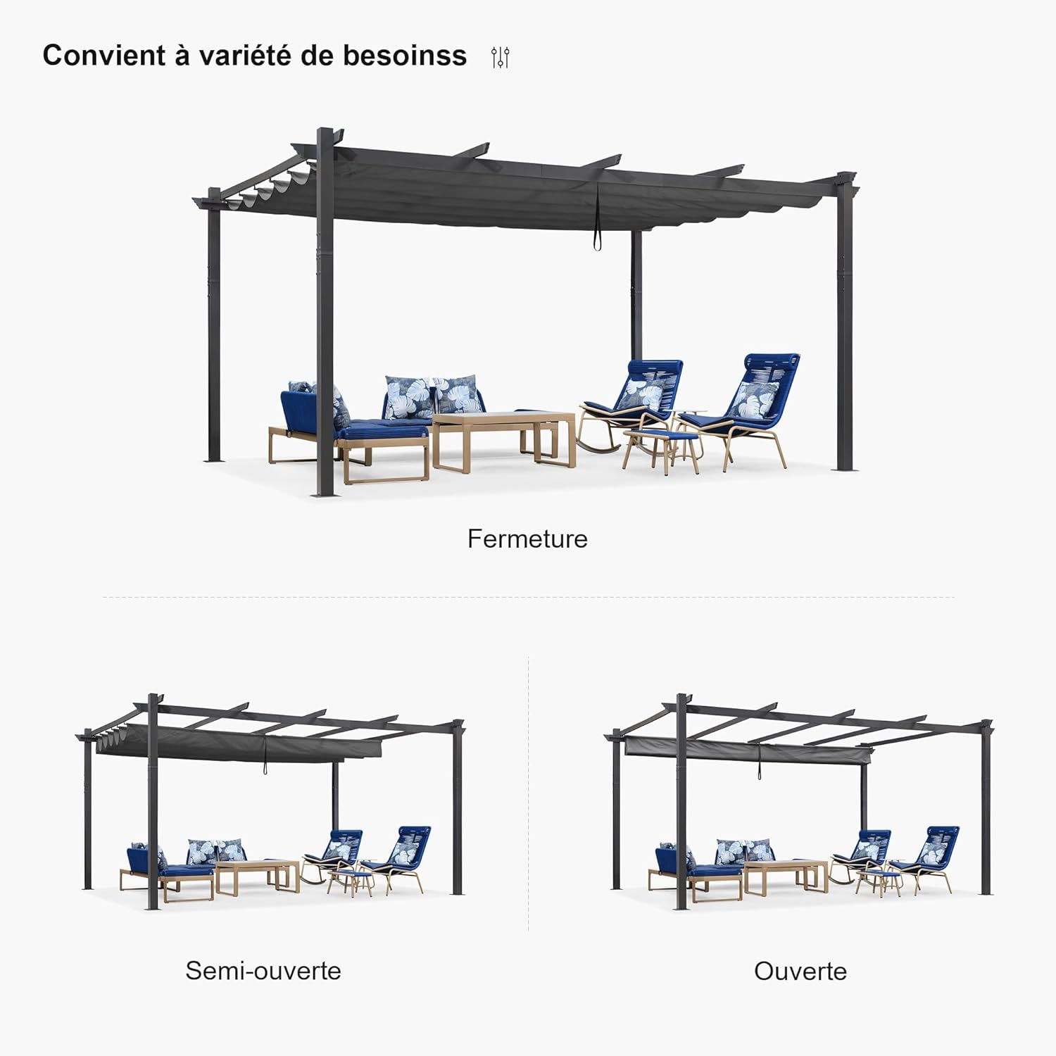 PURPLE LEAF - pergola aluminium - 4,8x3,5m - LED, toit rétractable, tissu mass teinté, structure résistante
