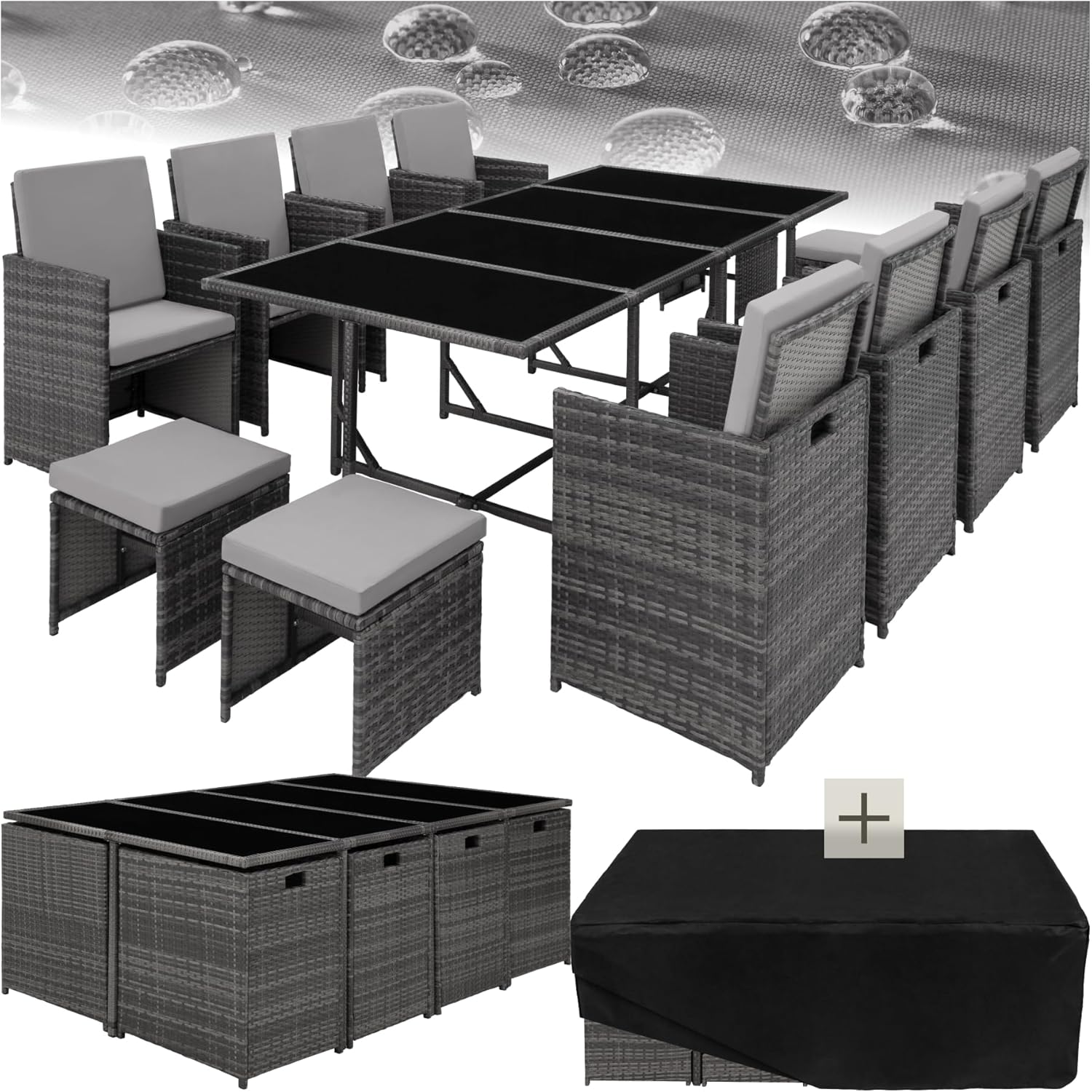 tectake - Salon Résine Tressée, 8 chaises, 4 tabourets, table, gris