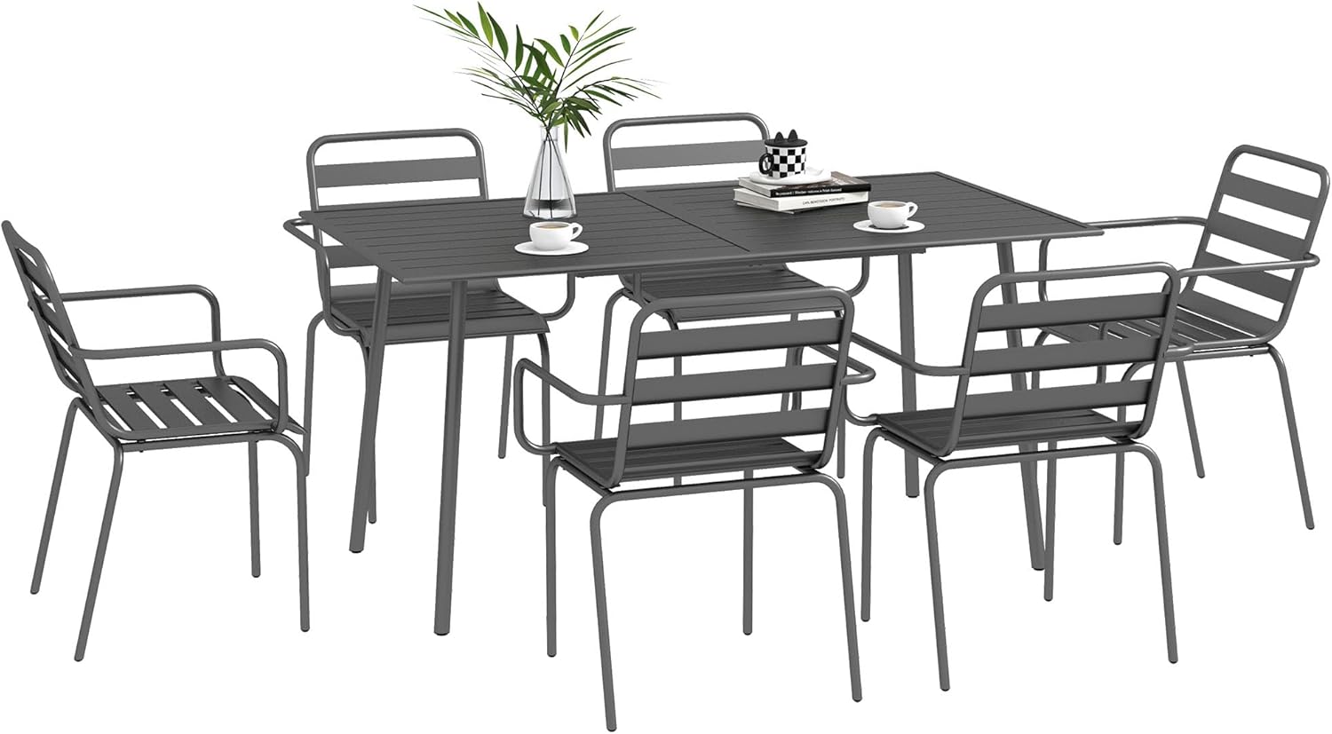 Outsunny - Salon de jardin 7 pièces - table + 6 chaises - acier gris foncé