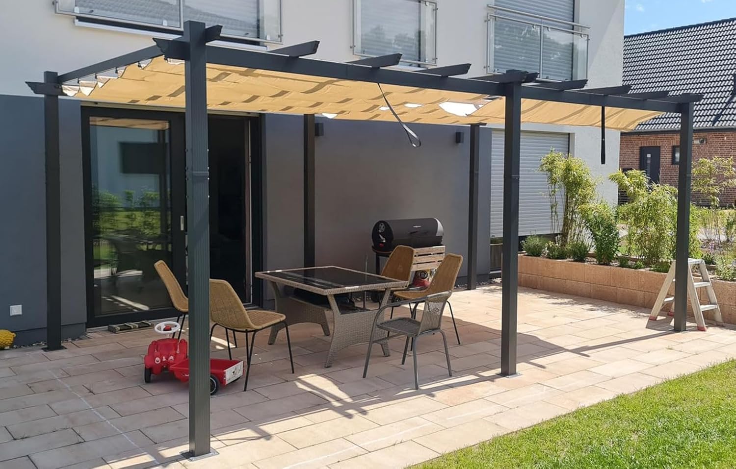 PURPLE LEAF - Pergola aluminium série - 5,5x3,5m - toit coulissant, tissu teint en fil, kaki