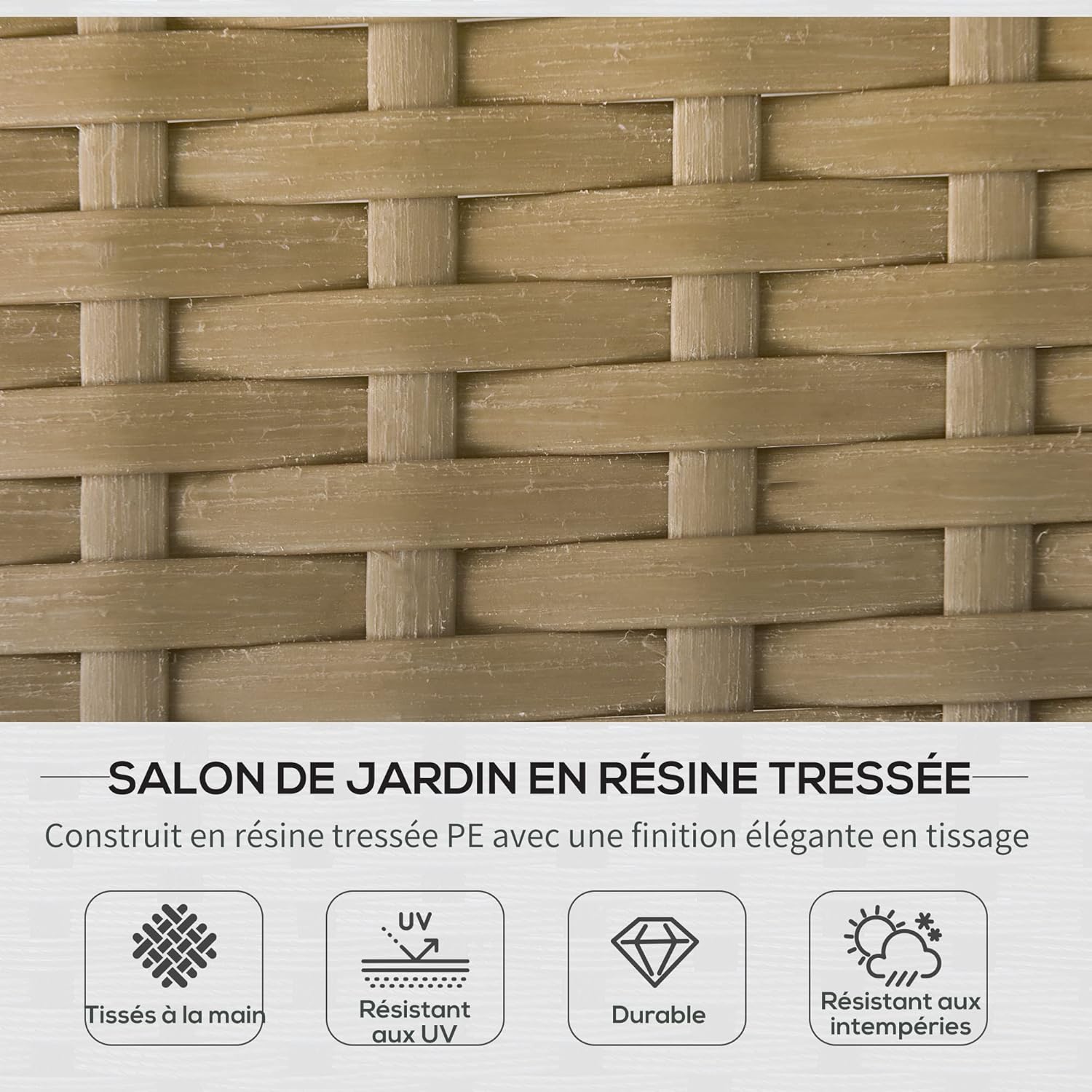 Outsunny - salon de jardin d'angle 4 places résine tressée - table basse, coussins confort, crème
