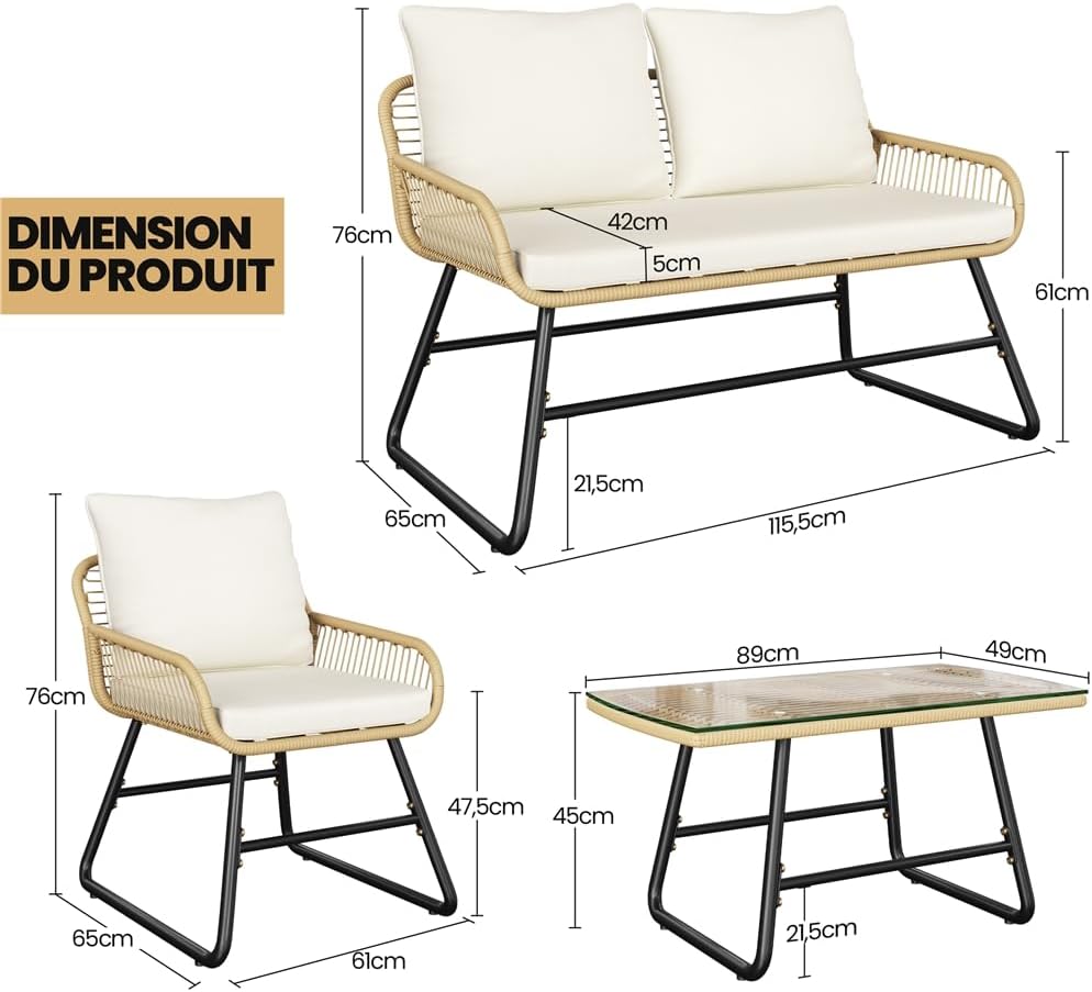Yaheetech - salon de jardin 4 places - canapé, fauteuils, table, bohème