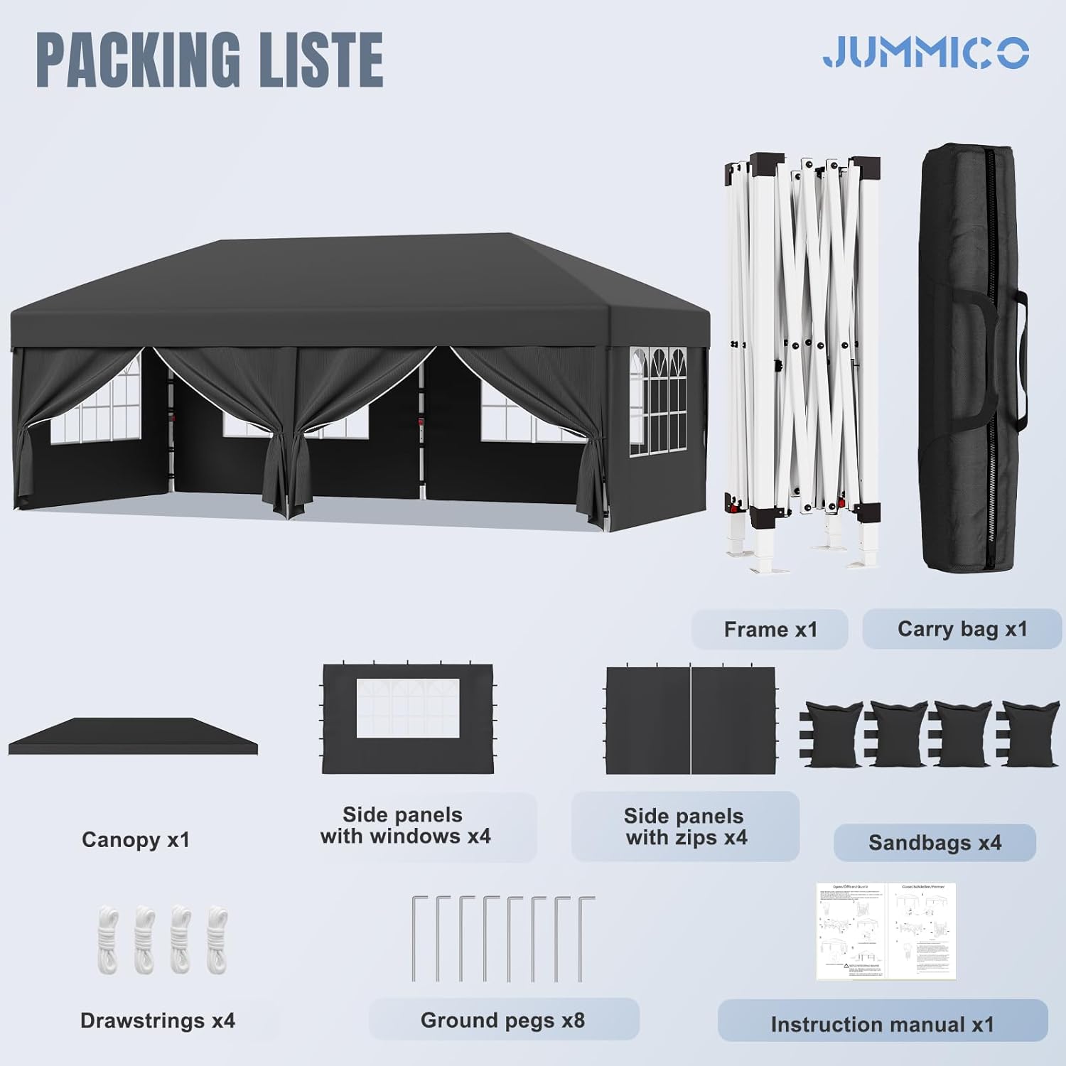 JUMMICO - Pavillon pliable série rapide - 3x6m - montage 5min, hauteur réglable, imperméable