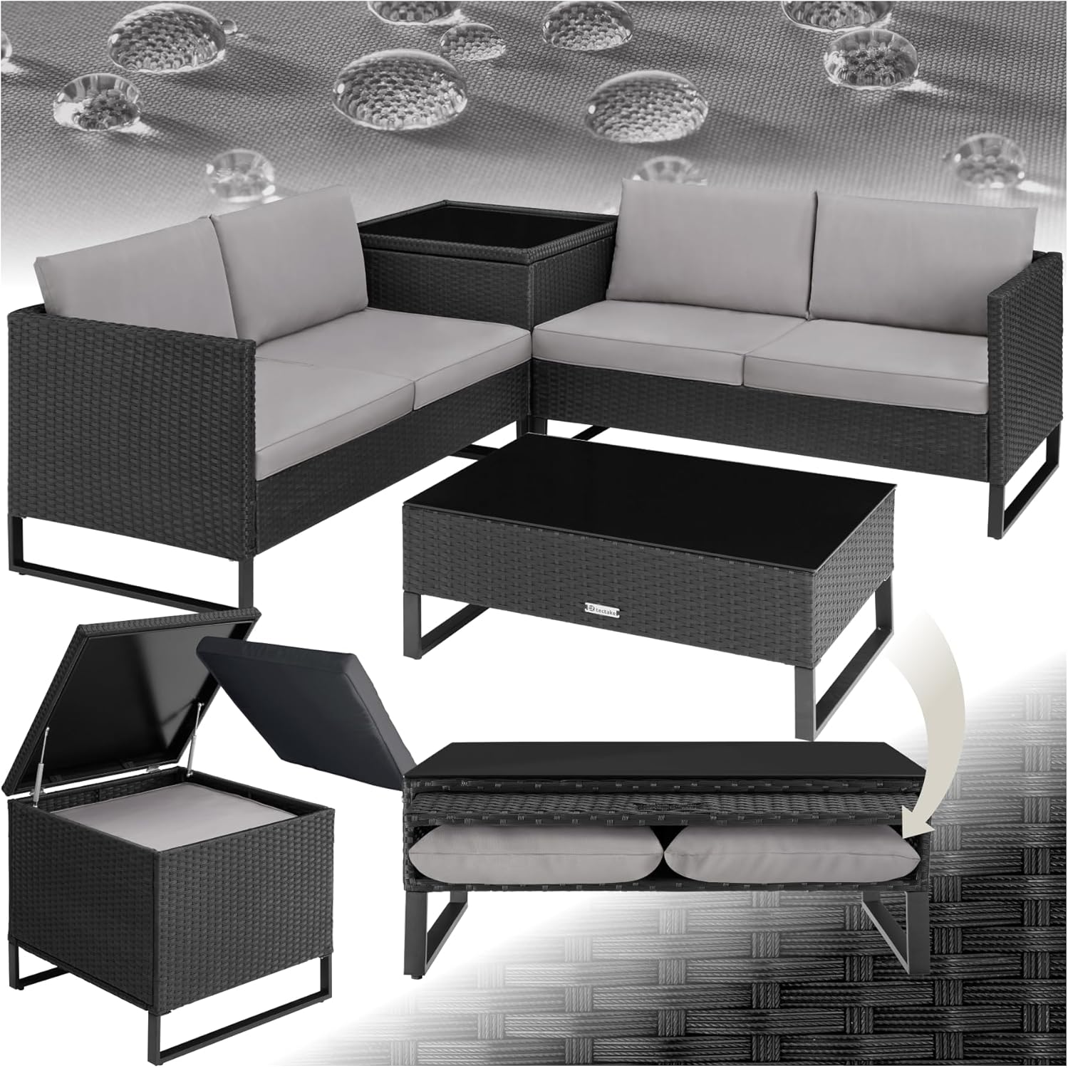 tectake - salon de jardin modulable 4 places - rotin, table verre, coffre