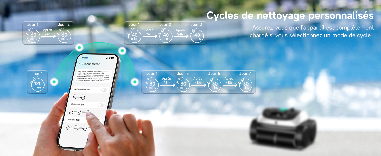 Interface de l'application mobile affichée sur l'écran du smartphone avec un robot nettoyeur de piscine en arrière-plan, affichant les fonctionnalités de contrôle pour l'entretien automatique de la piscine.