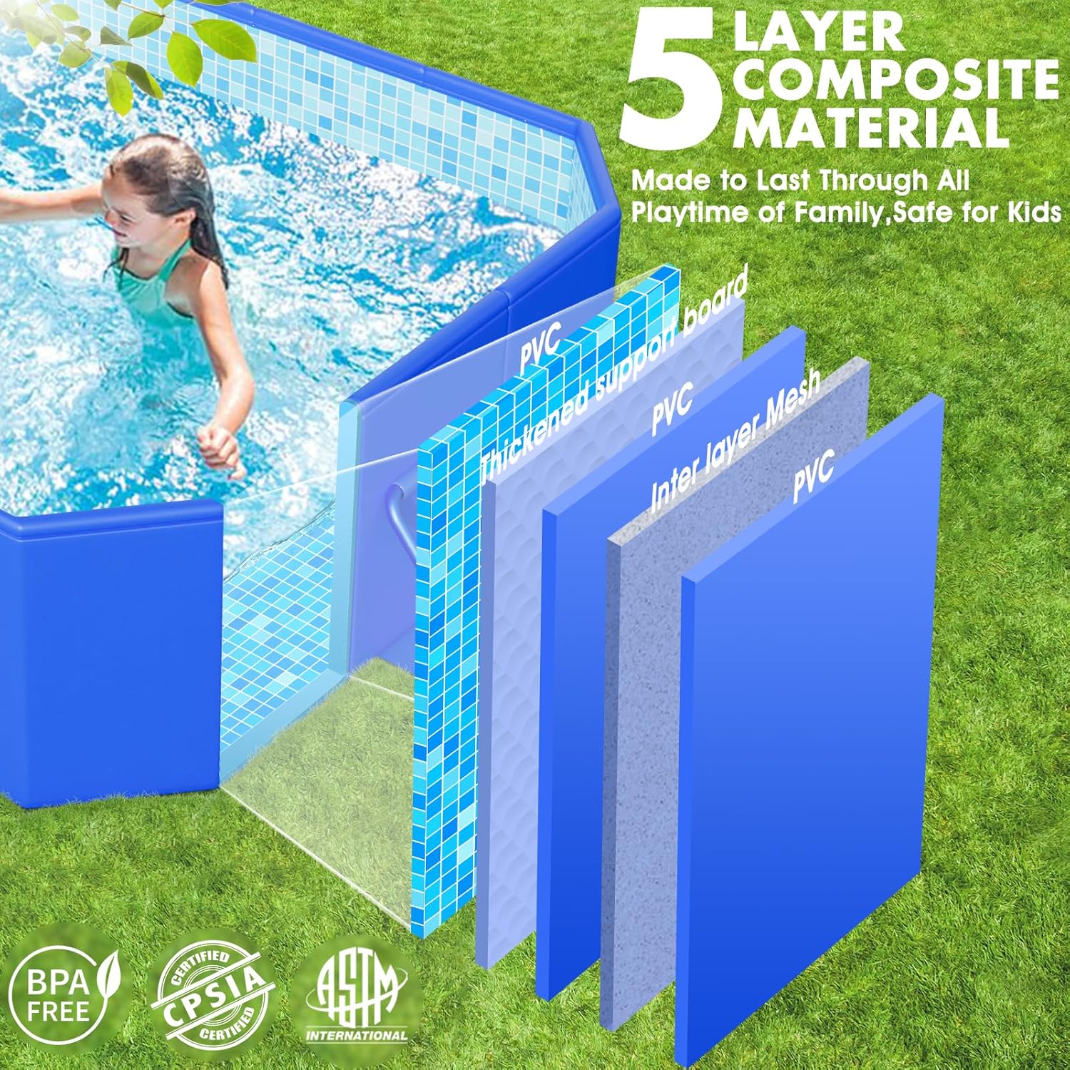 KingSom Piscine Tubulaire rectangulaire,Piscine hors Sol rectangulaire,Surdimensionné et Épaissi,Piscine Metal Frame Piscine Tubulaire,Facile à Ranger,Piscine Pliable,Piscine Adulte, 300 x 185 x 51 cm