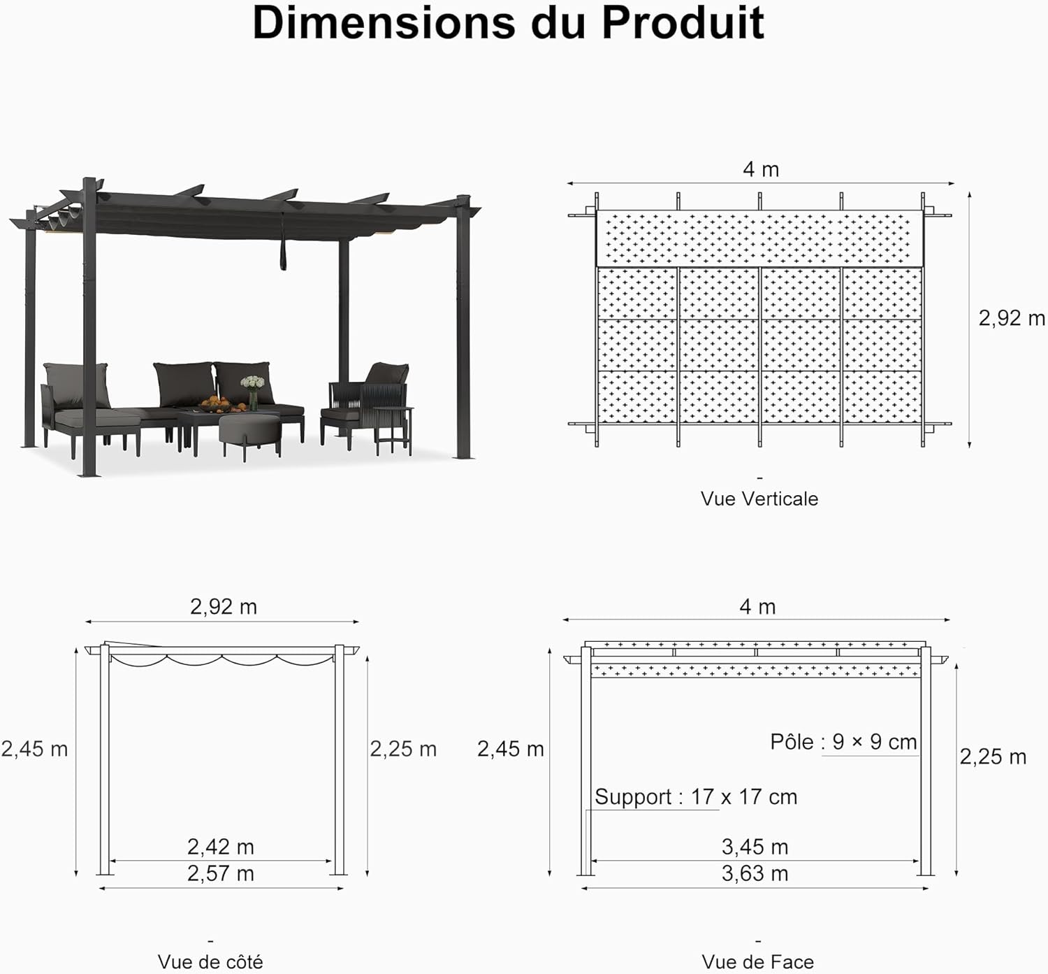 PURPLE LEAF - Pergola Aluminium - 4x3m - Rideau, toit rétractable, imperméable