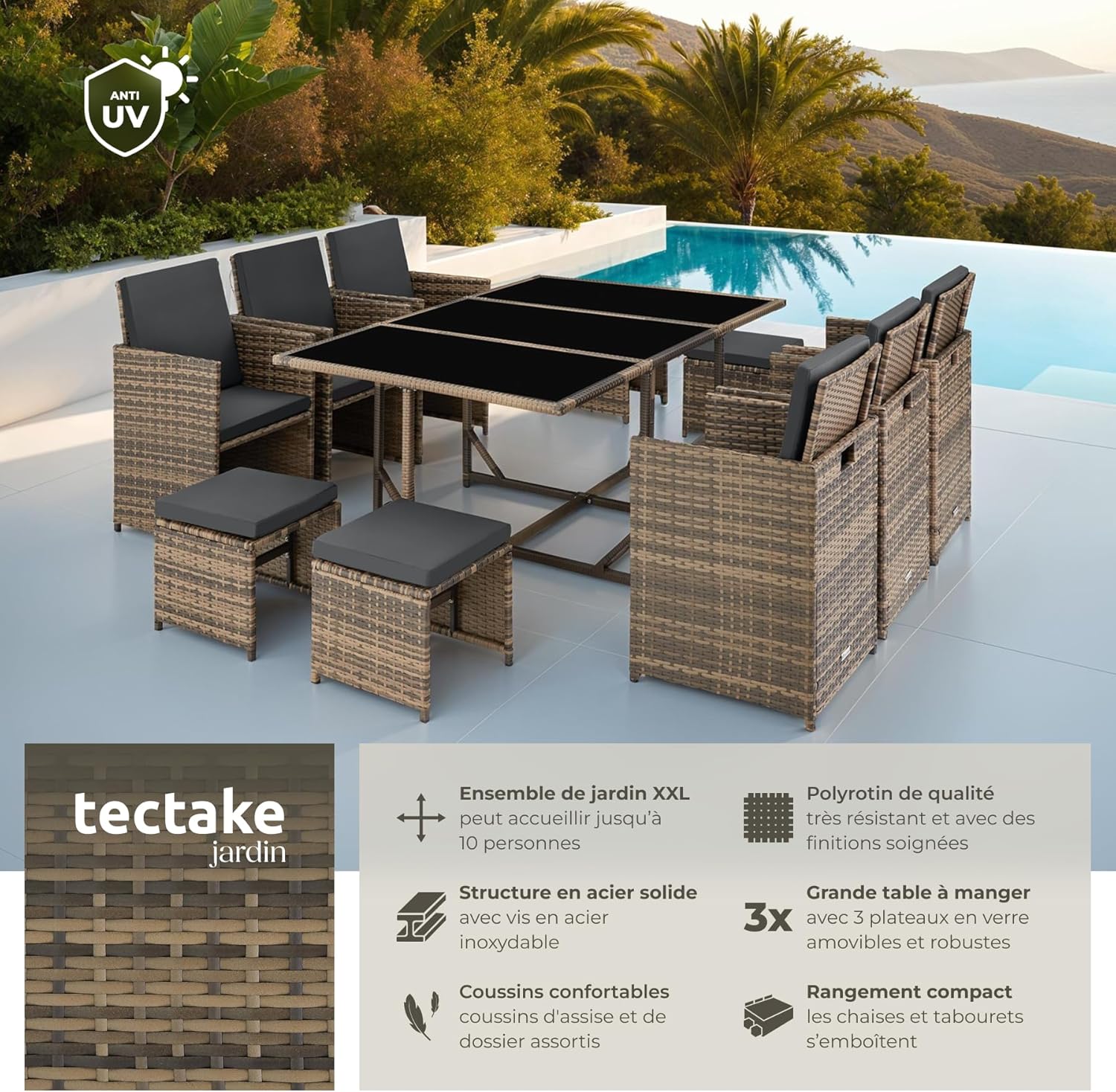tectake - salon de jardin poly rotin 10 pers., housse, entretien facile