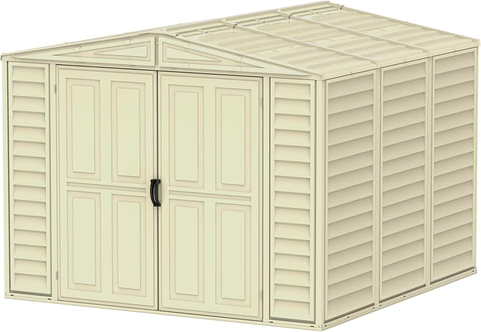 Duramax DuraMate 8 x 8 (5.75 m²) Abri de jardin en plastique avec kit de fondation en métal, structure de toit en métal robuste, abri en vinyle sans entretien - Ivoire