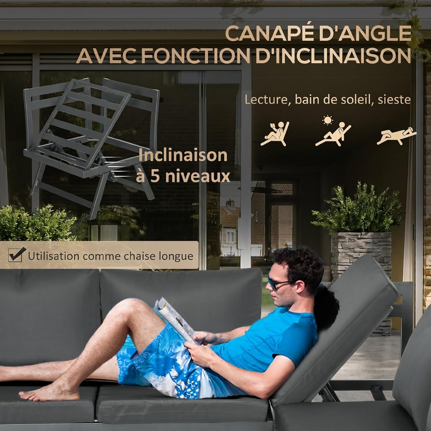 Outsunny - Salon de jardin d’angle 4 places, alu/acier, banquettes, table basse, gris