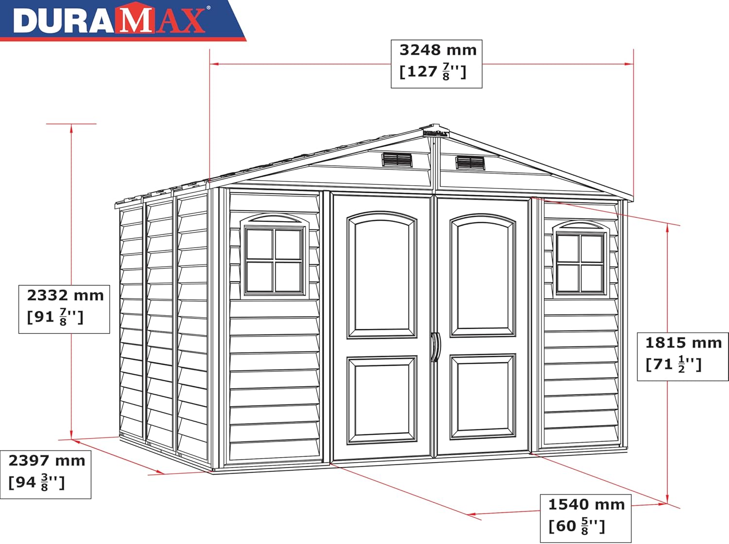 Duramax WoodSide 10 x 8 (7.64 m²) Abri de jardin en plastique avec 3 fenêtres fixes et kit de fondation en métal, structure de toit en métal robuste, ignifuge et sans entretien - Ivory/Brown