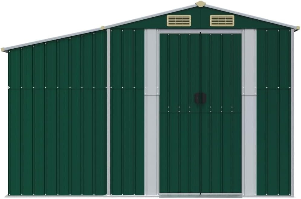 Abri de jardin en acier galvanisé - 277 x 279 x 179 cm - Vert - Avec support pour bois de chauffage et ouvertures d'aération - Pour outils de jardin - Rangement en extérieur