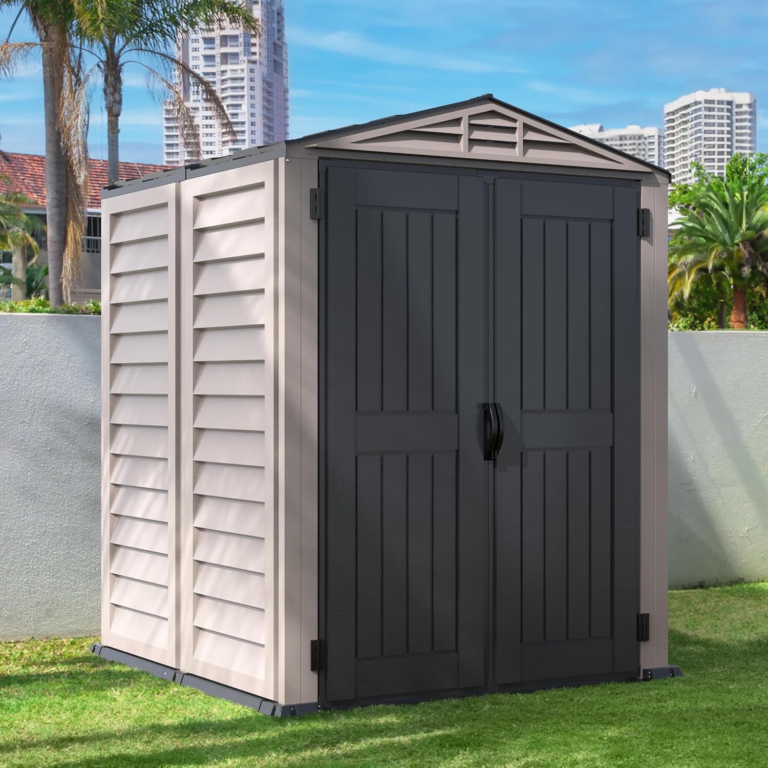 Duramax - YardMate PLUS - 5x5 ft - abri jardin plastique, plancher robuste, toit métal, ignifuge, sans entretien