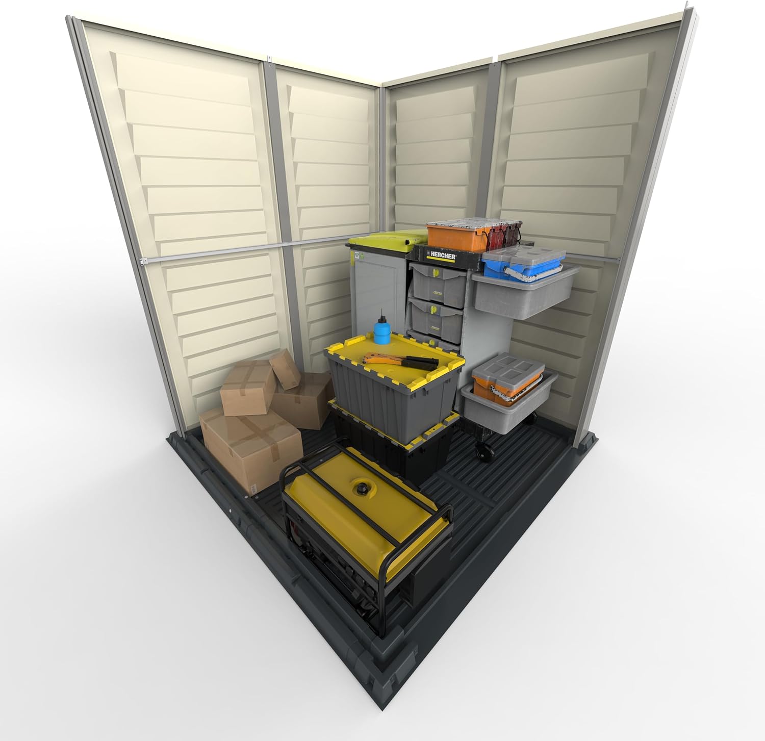 Duramax - YardMate PLUS - 5x5 ft - abri jardin plastique, plancher robuste, toit métal, ignifuge, sans entretien