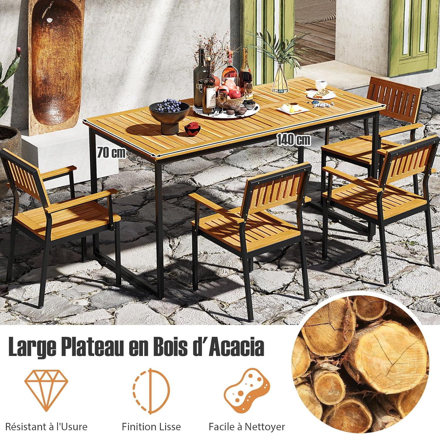 GOPLUS - Table jardin 140x70x73 cm - bois acacia, 6 pers, parasol