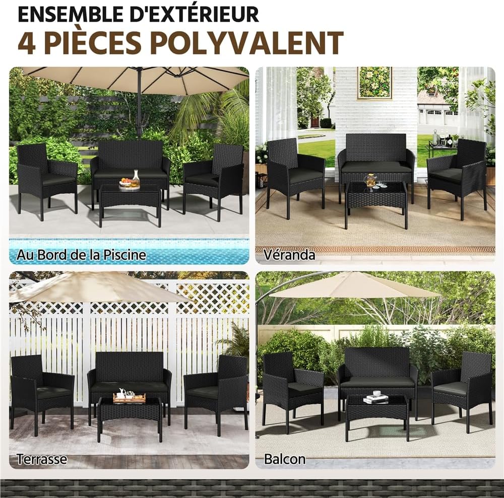 Yaheetech - Salon de jardin 4 places - polyrotin métal, coussins, canapé, fauteuils, table, extérieur