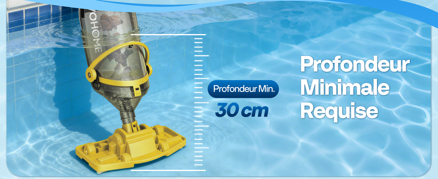 Le texte se lit comme suit : « Profondeur minimale », « 30 cm », « Profondeur requise ». Schéma de mesure sous-marin montrant un appareil flottant jaune avec des mesures de profondeur.