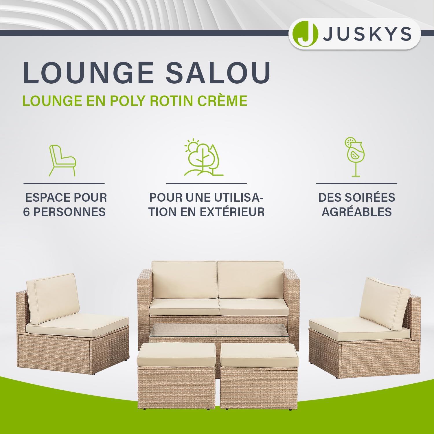 Juskys - Salon de Jardin Salou - 6 places - polyrotin, table, coussins, crème/sable