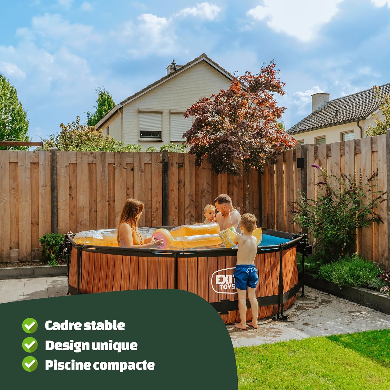 EXIT TOYS Piscine Tubulaire Wood - ø300x76cm - Piscine Hors Sol Ronde avec Pompe Filtrante à Cartouche - Entrée Basse - Idéal pour Les Jeunes Enfants - Cadre Stable - Design Unique - Marron